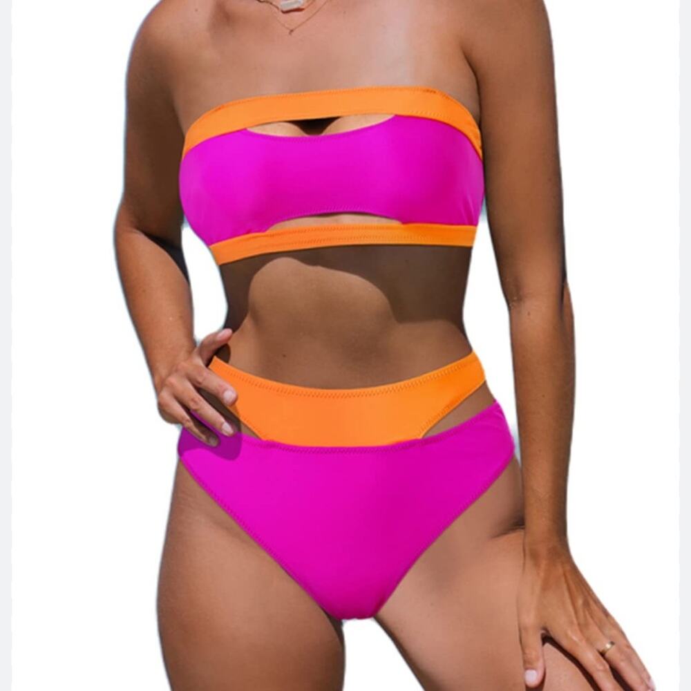 Hilinker Women's High Waisted Bandeau Bikini Set Strapless Cut out NWT size XL